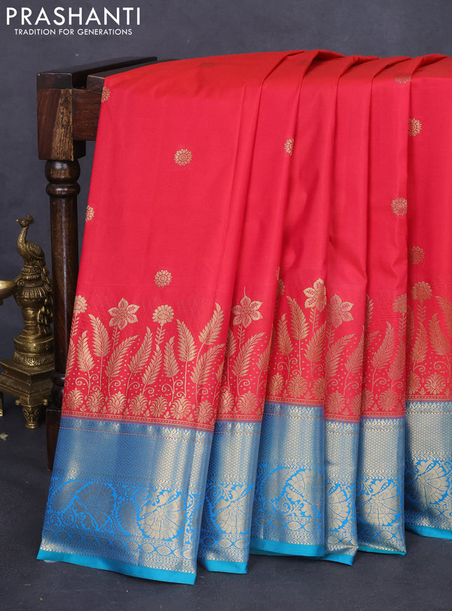 Bangalori silk saree dual shade of reddish pink and dual shade of teal greenish blue with zari woven buttas and long zari woven border and Butta style
