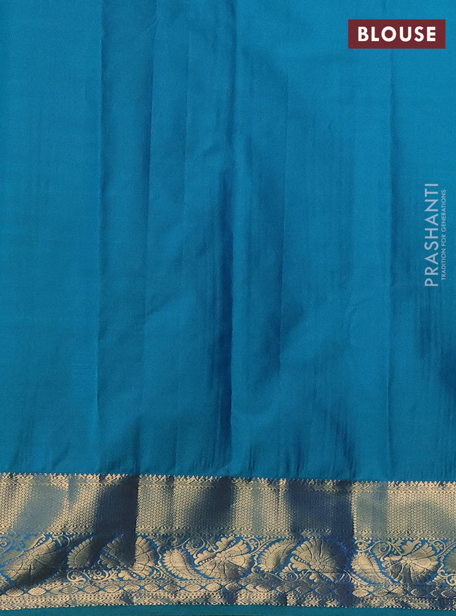 Bangalori silk saree dual shade of reddish pink and dual shade of teal greenish blue with zari woven buttas and long zari woven border and Butta style