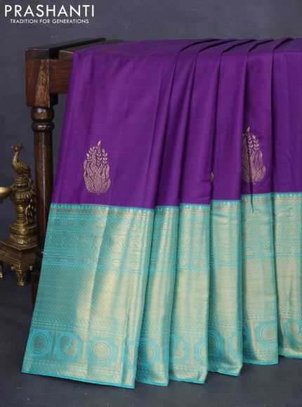 Bangalori silk saree violet and teal green with zari woven buttas and long zari woven border and Butta style