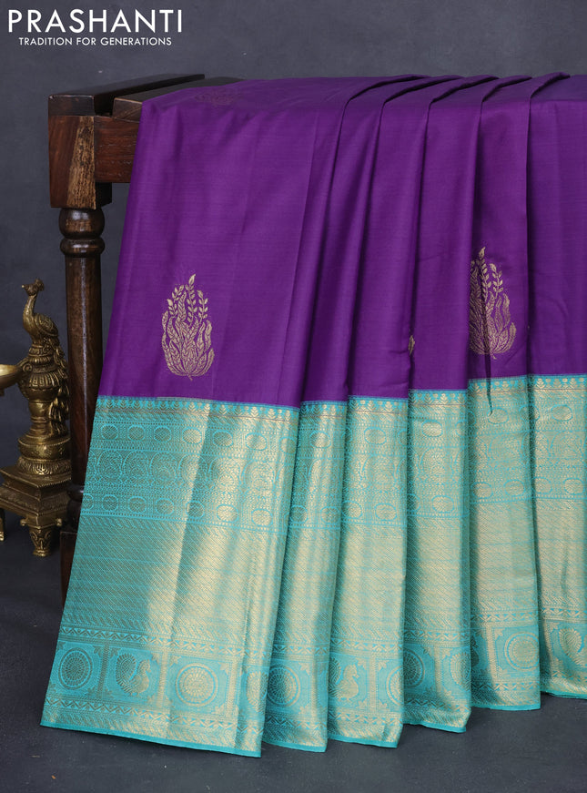 Bangalori silk saree violet and teal green with zari woven buttas and long zari woven border and Butta style