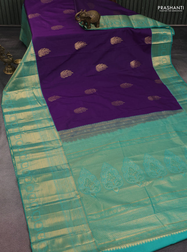 Bangalori silk saree violet and teal green with zari woven buttas and long zari woven border and Butta style