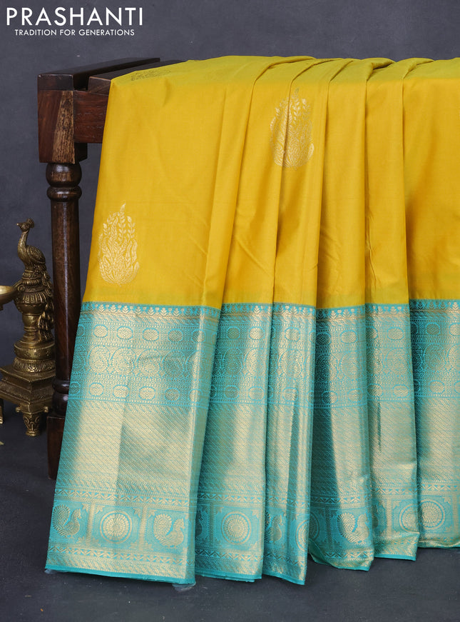Bangalori silk saree yellow and teal green shade with zari woven buttas and long zari woven border and Butta style