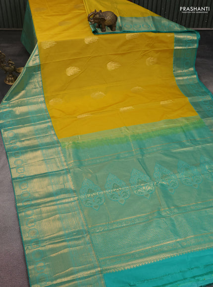Bangalori silk saree yellow and teal green shade with zari woven buttas and long zari woven border and Butta style