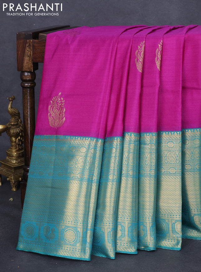 Bangalori silk saree purple and green with zari woven buttas and long zari woven border and Butta style
