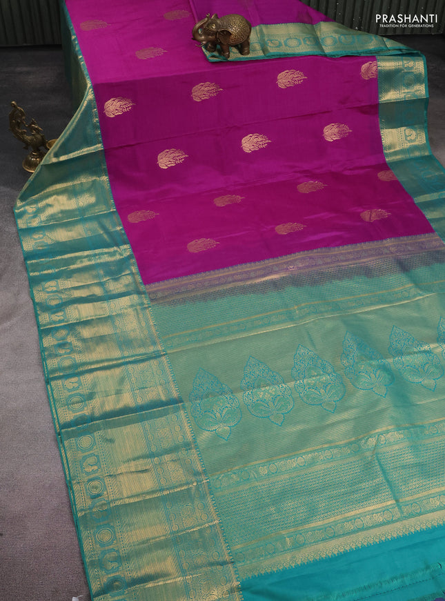 Bangalori silk saree purple and green with zari woven buttas and long zari woven border and Butta style