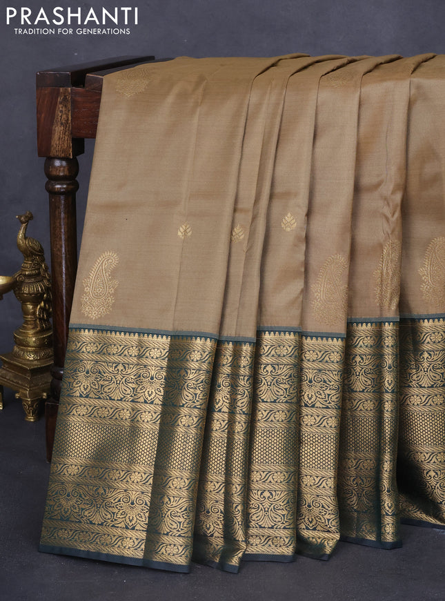 Bangalori silk saree chikku shade and bottle green with zari woven buttas and long zari woven border and Butta style