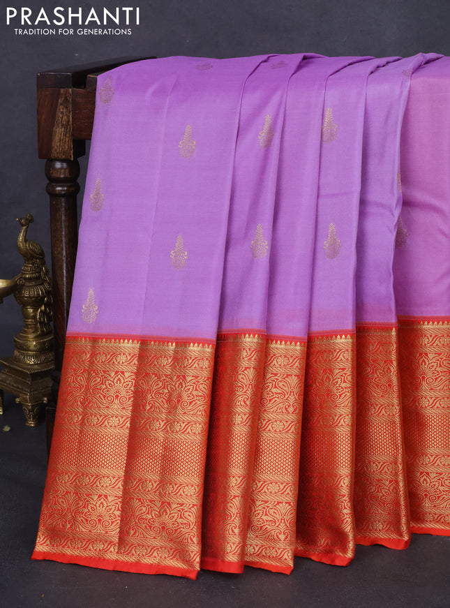 Bangalori silk saree lavender and red with zari woven buttas and long zari woven border and Butta style