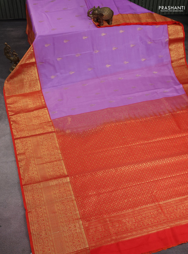 Bangalori silk saree lavender and red with zari woven buttas and long zari woven border and Butta style