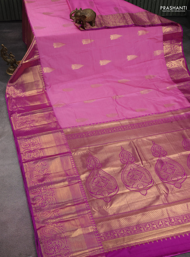 Bangalori silk saree light pink and purple with zari woven buttas and long zari woven border and Butta style