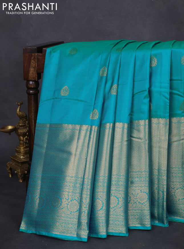 Bangalori silk saree teal blue with zari woven buttas and long zari woven border and Butta style
