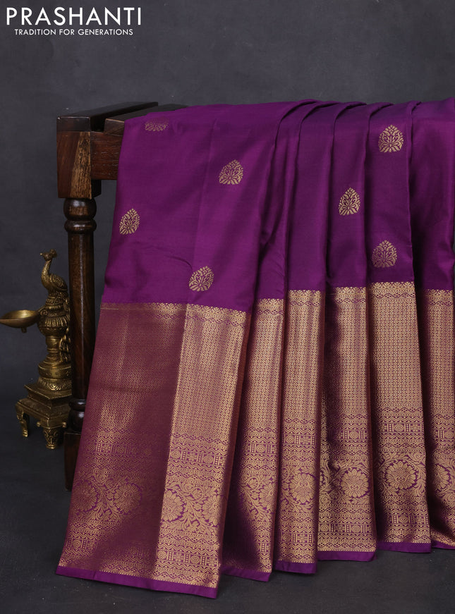 Bangalori silk saree deep purple with zari woven buttas and long zari woven border and Butta style