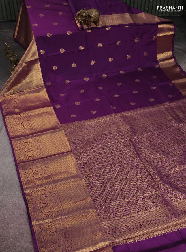 Bangalori silk saree deep purple with zari woven buttas and long zari woven border and Butta style