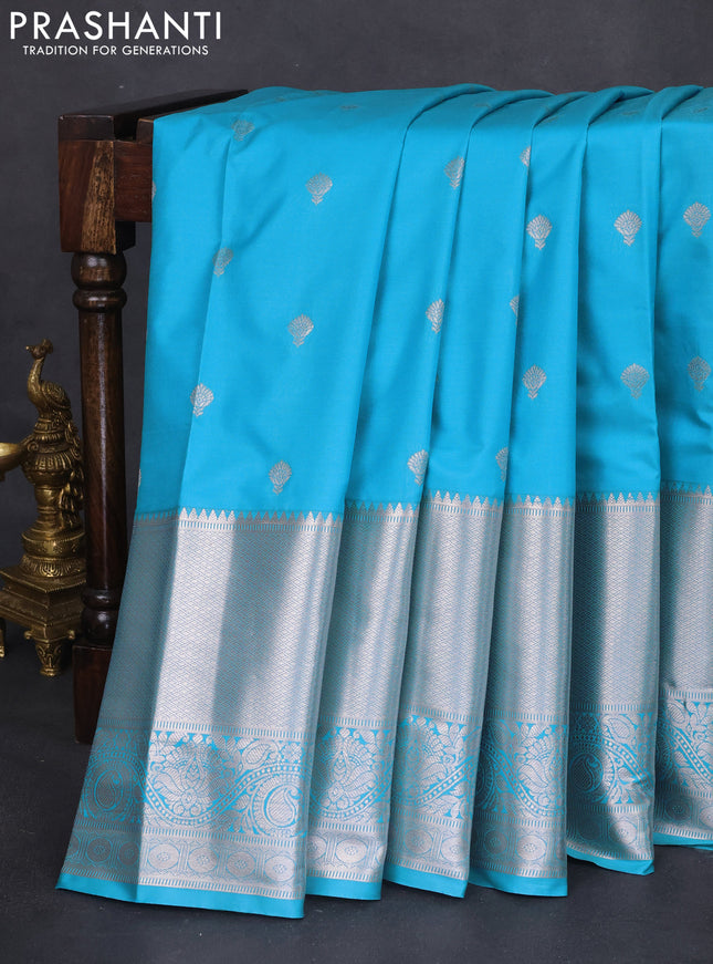 Bangalori silk saree light blue with silver zari woven buttas and silver zari woven border and Butta style