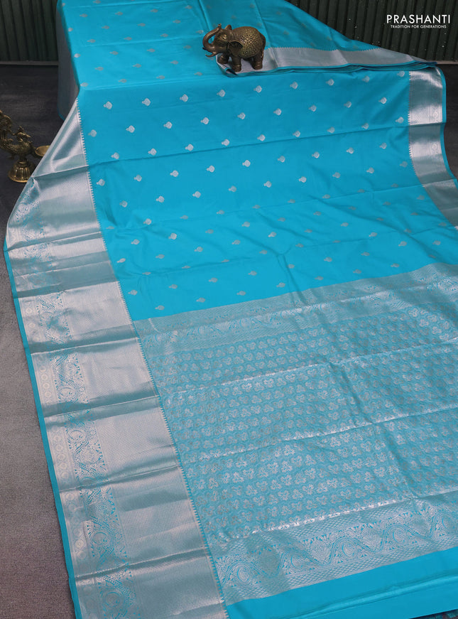 Bangalori silk saree light blue with silver zari woven buttas and silver zari woven border and Butta style