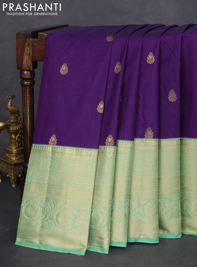 Bangalori silk saree violet and teal green shade with zari woven buttas and long zari woven border and Butta style