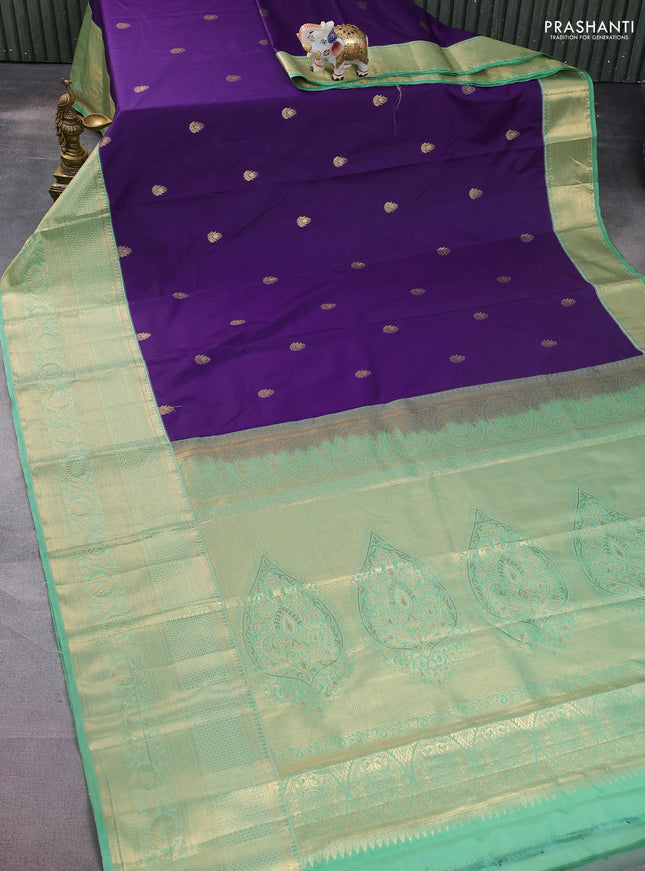 Bangalori silk saree violet and teal green shade with zari woven buttas and long zari woven border and Butta style