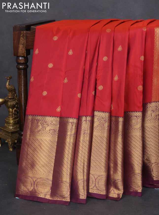 Bangalori silk saree sunset orange and wine shade with zari woven buttas and long zari woven border and Butta style