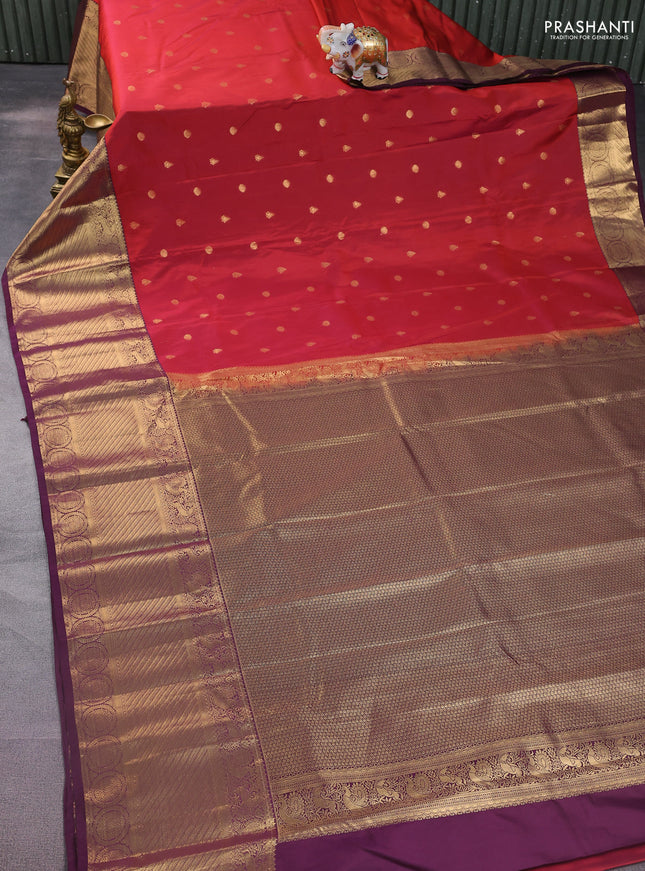Bangalori silk saree sunset orange and wine shade with zari woven buttas and long zari woven border and Butta style