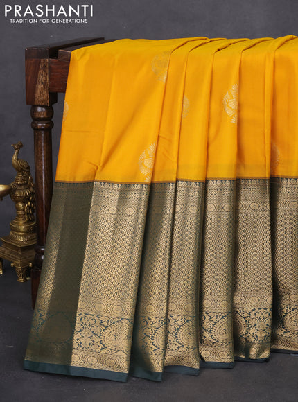 Bangalori silk saree yellow and bottle green with zari woven buttas and long zari woven border and Butta style