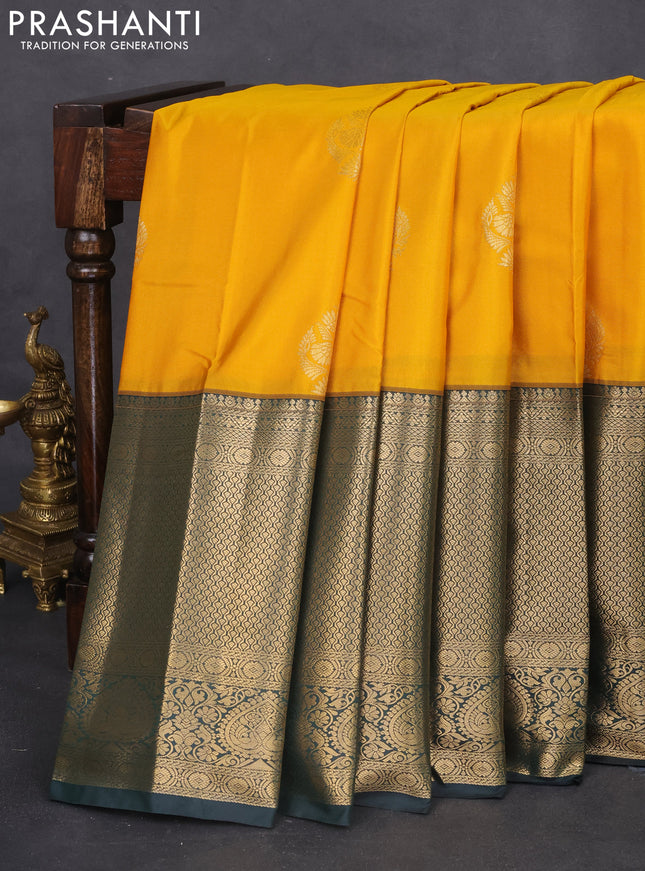 Bangalori silk saree yellow and bottle green with zari woven buttas and long zari woven border and Butta style