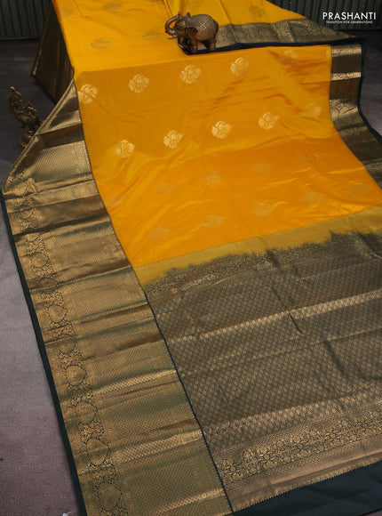 Bangalori silk saree yellow and bottle green with zari woven buttas and long zari woven border and Butta style