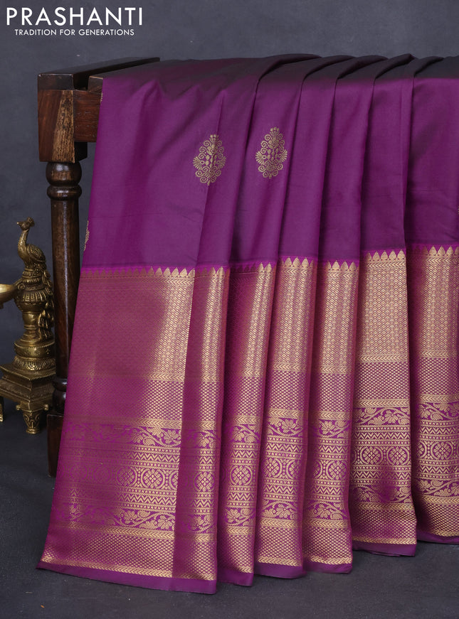 Bangalori silk saree deep purple with zari woven buttas and long zari woven border and Butta style