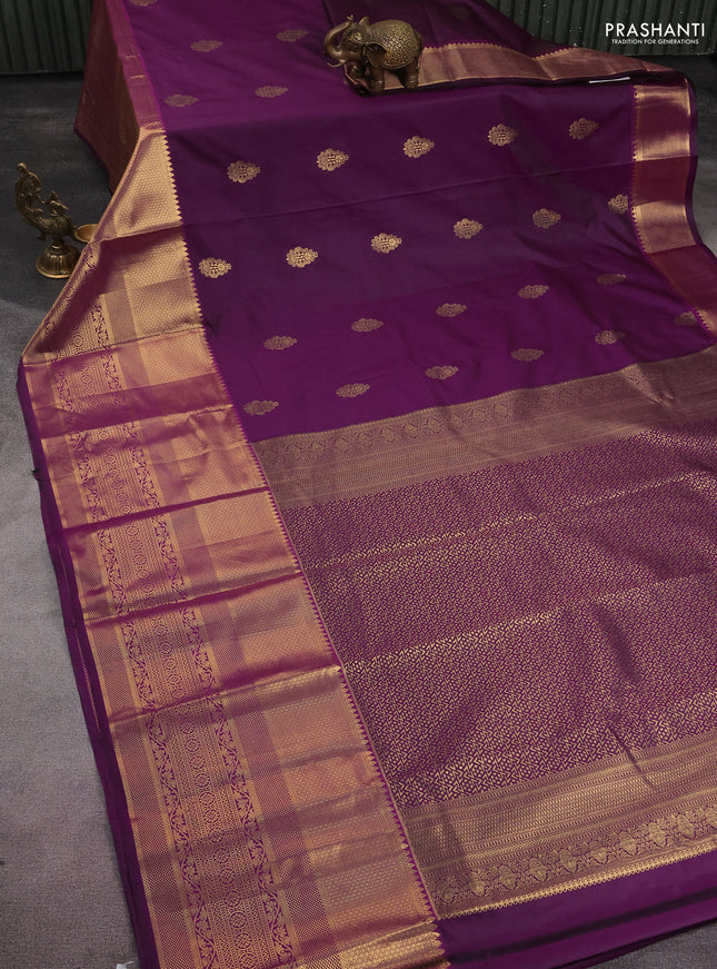 Bangalori silk saree deep purple with zari woven buttas and long zari woven border and Butta style