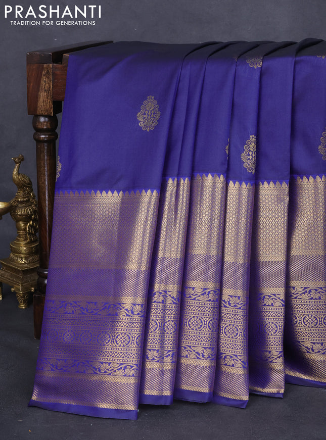Bangalori silk saree dark blue with zari woven buttas and long zari woven border and Butta style