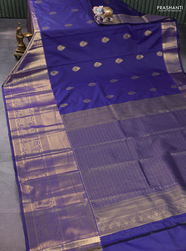 Bangalori silk saree dark blue with zari woven buttas and long zari woven border and Butta style