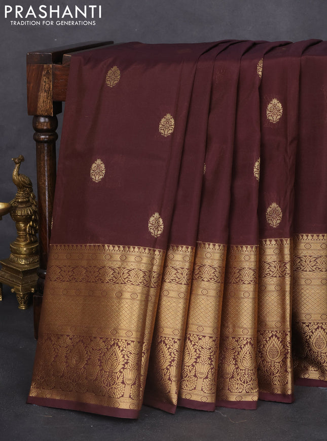 Bangalori silk saree coffee brown with zari woven buttas and long zari woven border and Butta style