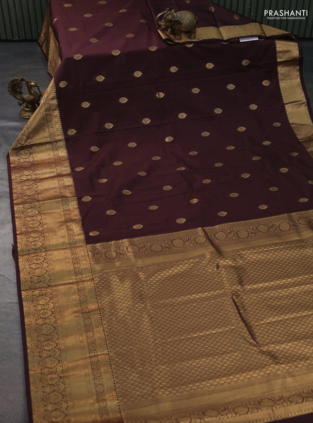 Bangalori silk saree coffee brown with zari woven buttas and long zari woven border and Butta style