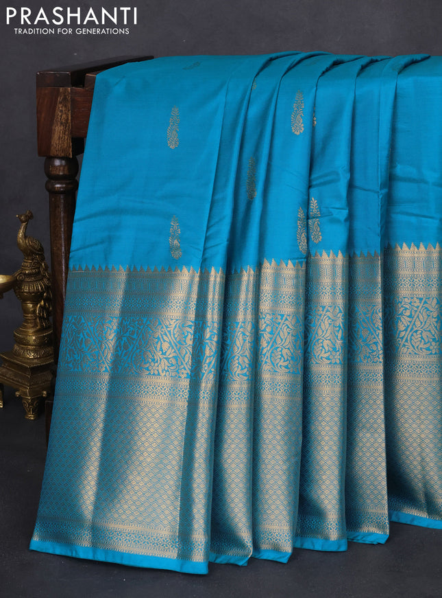 Bangalori silk saree cs blue with zari woven buttas and long zari woven border and Butta style