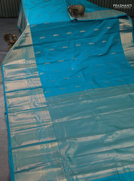 Bangalori silk saree cs blue with zari woven buttas and long zari woven border and Butta style