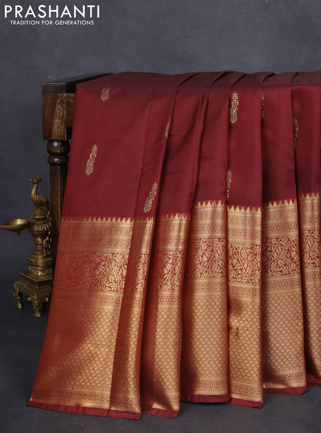 Bangalori silk saree deep maroon with zari woven buttas and long zari woven border and Butta style