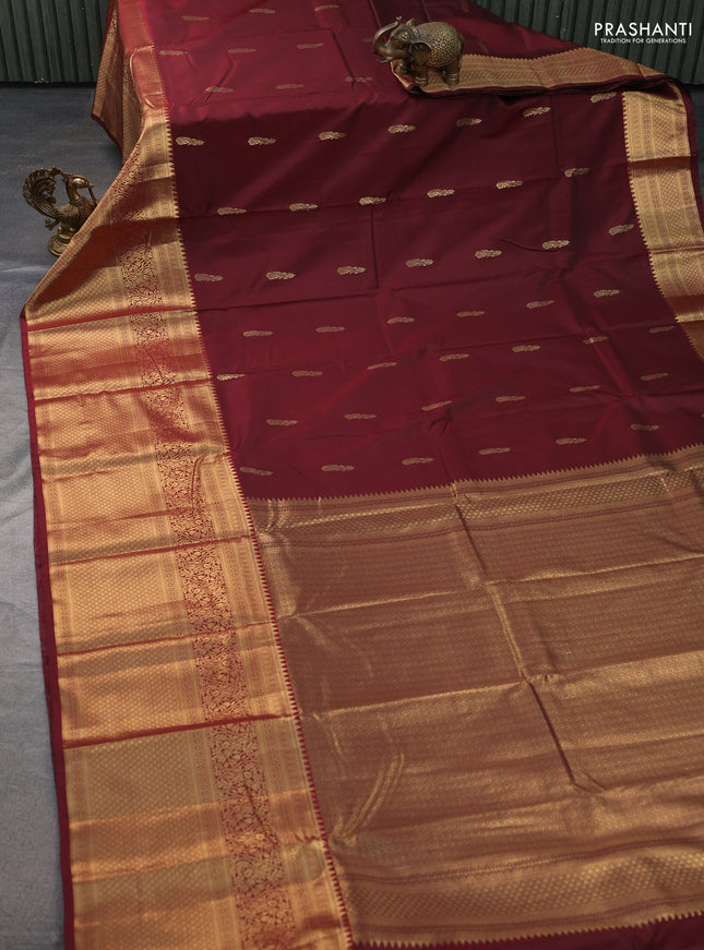Bangalori silk saree deep maroon with zari woven buttas and long zari woven border and Butta style