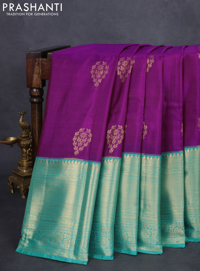 Bangalori silk saree purple and teal green shade with zari woven buttas and long zari woven border and Butta style