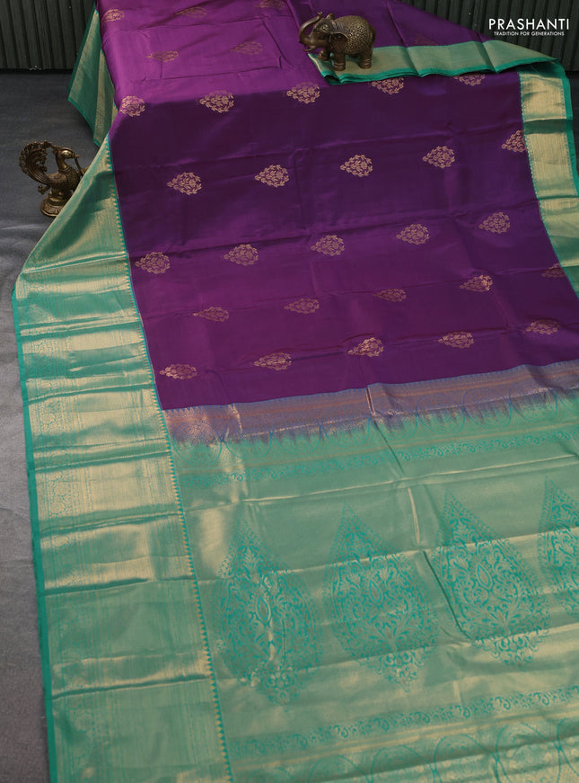 Bangalori silk saree purple and teal green shade with zari woven buttas and long zari woven border and Butta style