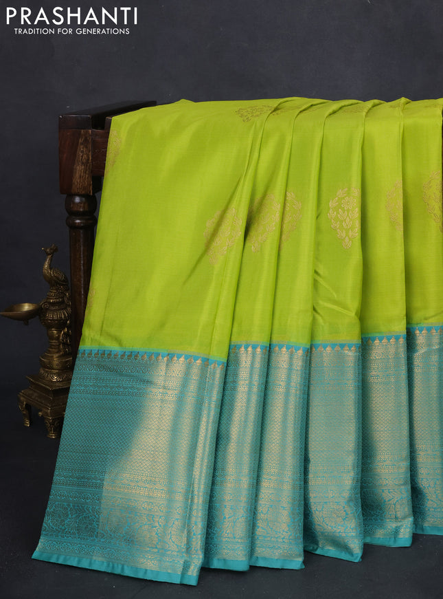 Bangalori silk saree fluorescent green and teal green shade with zari woven buttas and long zari woven border and Butta style