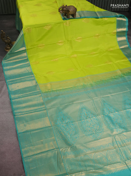 Bangalori silk saree fluorescent green and teal green shade with zari woven buttas and long zari woven border and Butta style