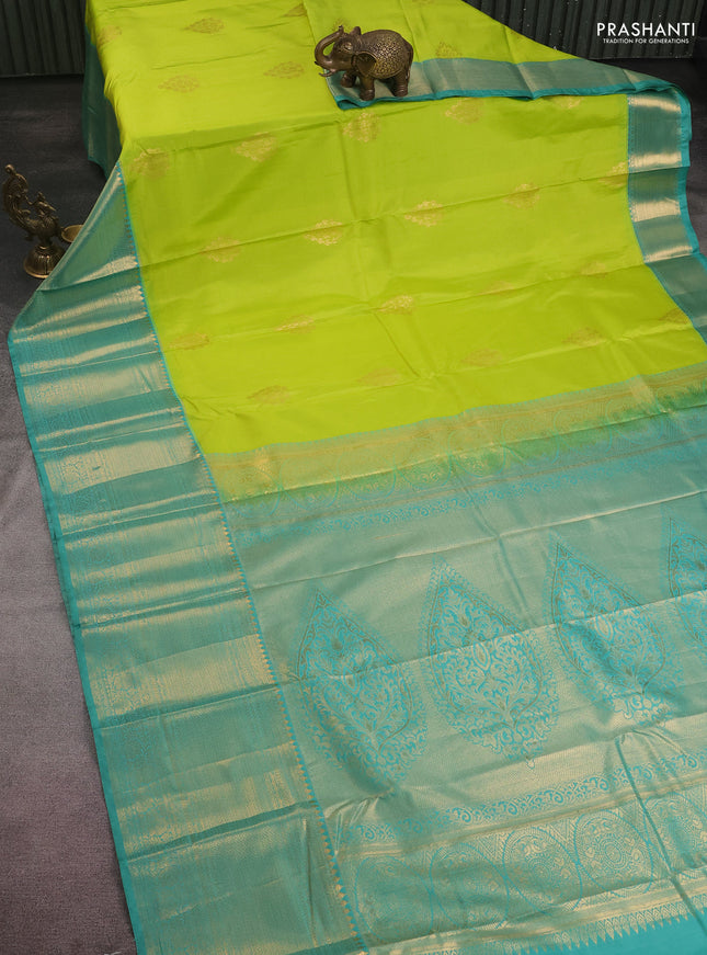 Bangalori silk saree fluorescent green and teal green shade with zari woven buttas and long zari woven border and Butta style