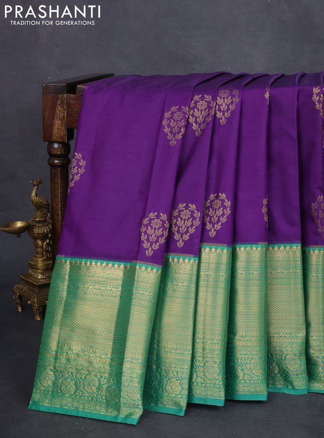 Bangalori silk saree violet and green with zari woven buttas and long zari woven border and Butta style