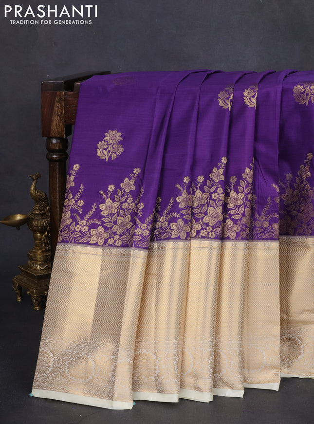 Bangalori silk saree violet and cream with floral zari woven buttas and long zari woven border and Butta style