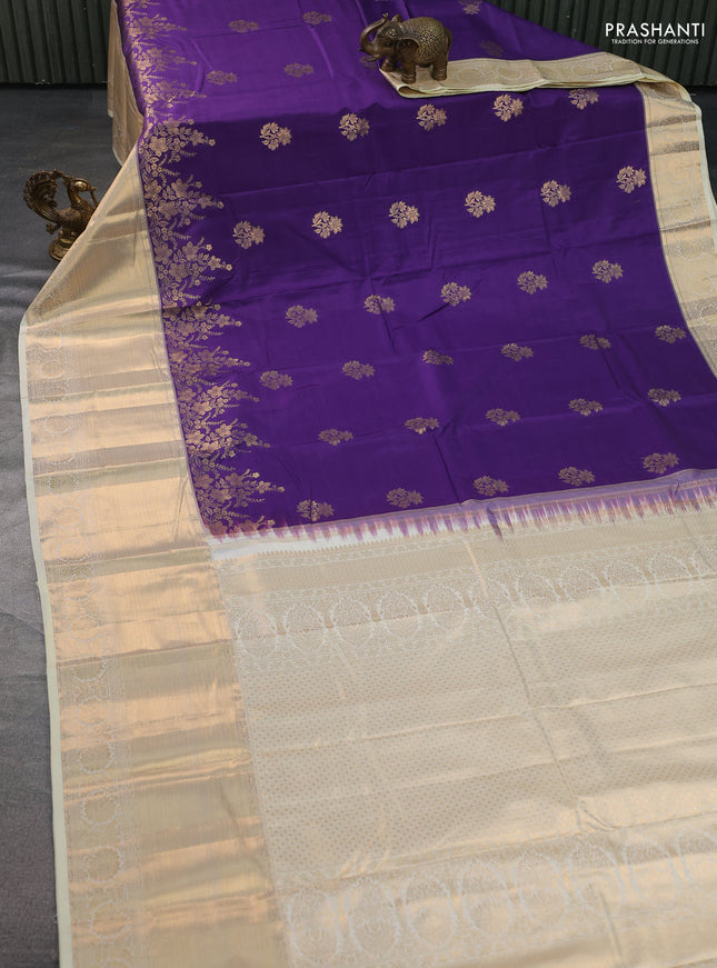 Bangalori silk saree violet and cream with floral zari woven buttas and long zari woven border and Butta style