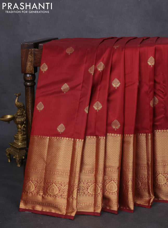 Bangalori silk saree deep maroon with zari woven buttas and long zari woven border and Butta style