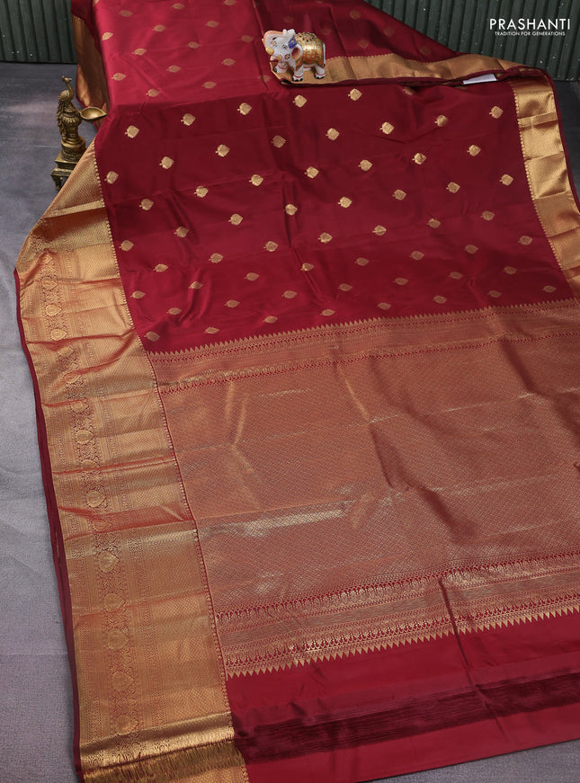 Bangalori silk saree deep maroon with zari woven buttas and long zari woven border and Butta style