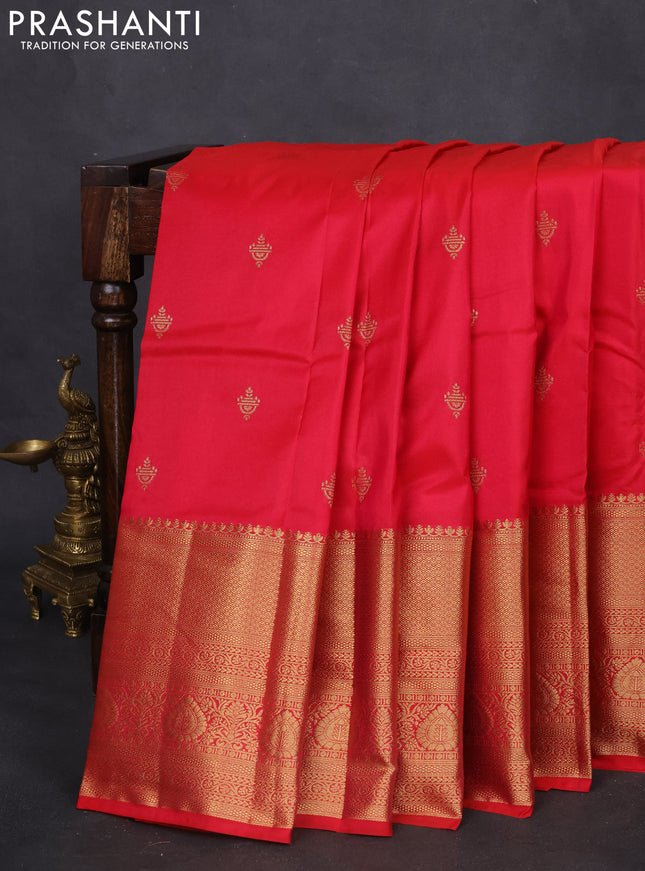 Bangalori silk saree reddish pink with zari woven buttas and long zari woven border and Butta style