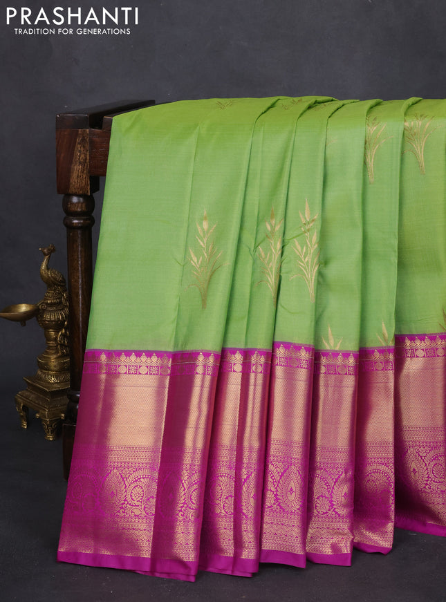 Bangalori silk saree light green and purple with zari woven buttas and long zari woven border and Butta style