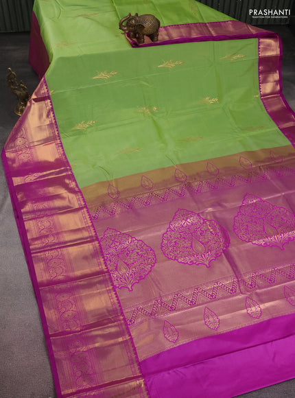 Bangalori silk saree light green and purple with zari woven buttas and long zari woven border and Butta style