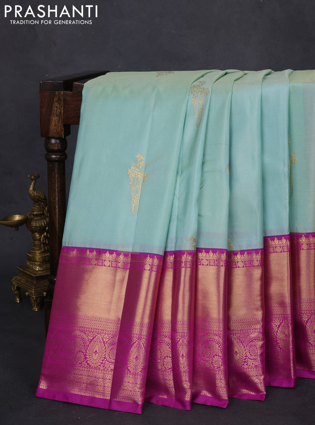 Bangalori silk saree pastel blue shade and purple with zari woven buttas and long zari woven border and Butta style