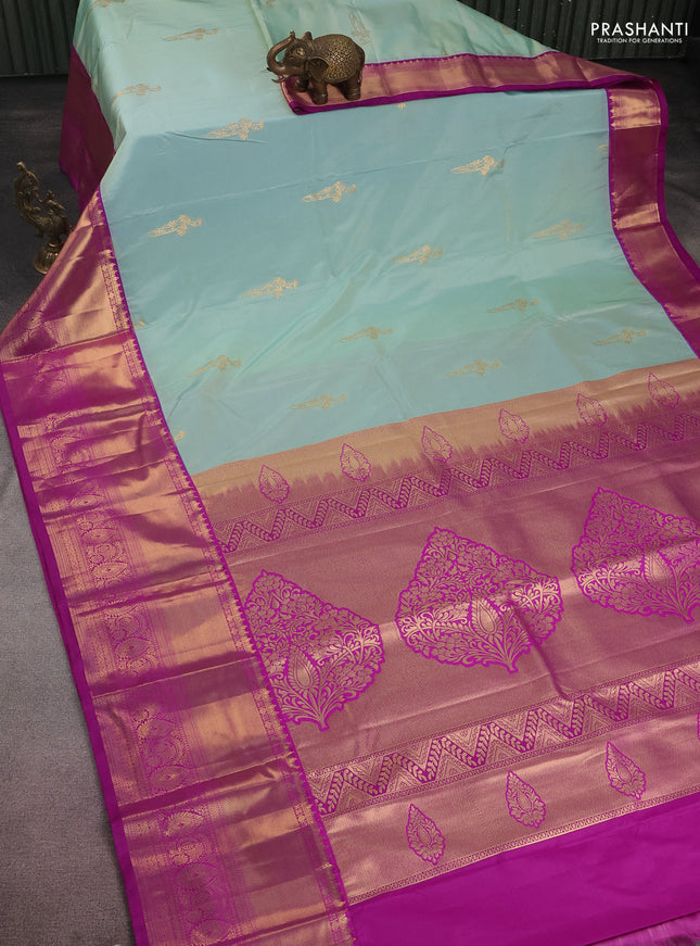 Bangalori silk saree pastel blue shade and purple with zari woven buttas and long zari woven border and Butta style